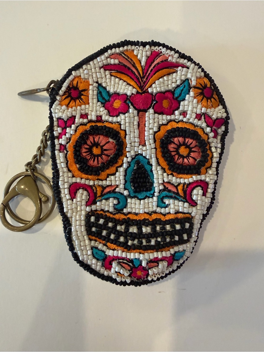 Mary Frances Sugar Skull Coin Purse Keychain - White with Orange, Pink & Teal